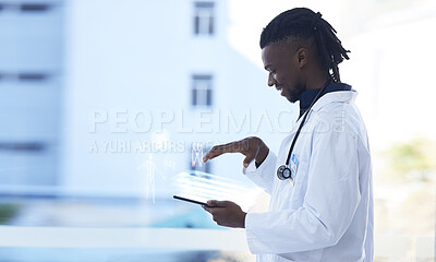 Buy stock photo Technology, doctor and mockup, tablet with hologram for futuristic or virtual medical information in hospital. Black man, health care in Africa and cyber consultation for data on health and happiness