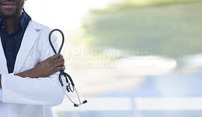 Buy stock photo Doctor, man and hands with stethoscope for healthcare insurance, cardiology or checkup against a blurred background. Hand of male medical professional arms crossed in confidence for health at clinic