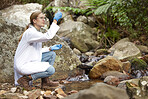 Nature, science and a woman with water for research, test for pollution and bacteria. Biology, sustainability and a scientist looking at a sample from a river for ecology inspection and analytics