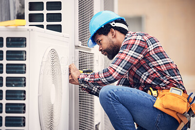 Buy stock photo Black man, electrician and maintenance on air conditioner with engineering and handyman working with tools on roof. AC repair, professional male technician outdoor and power generator with service