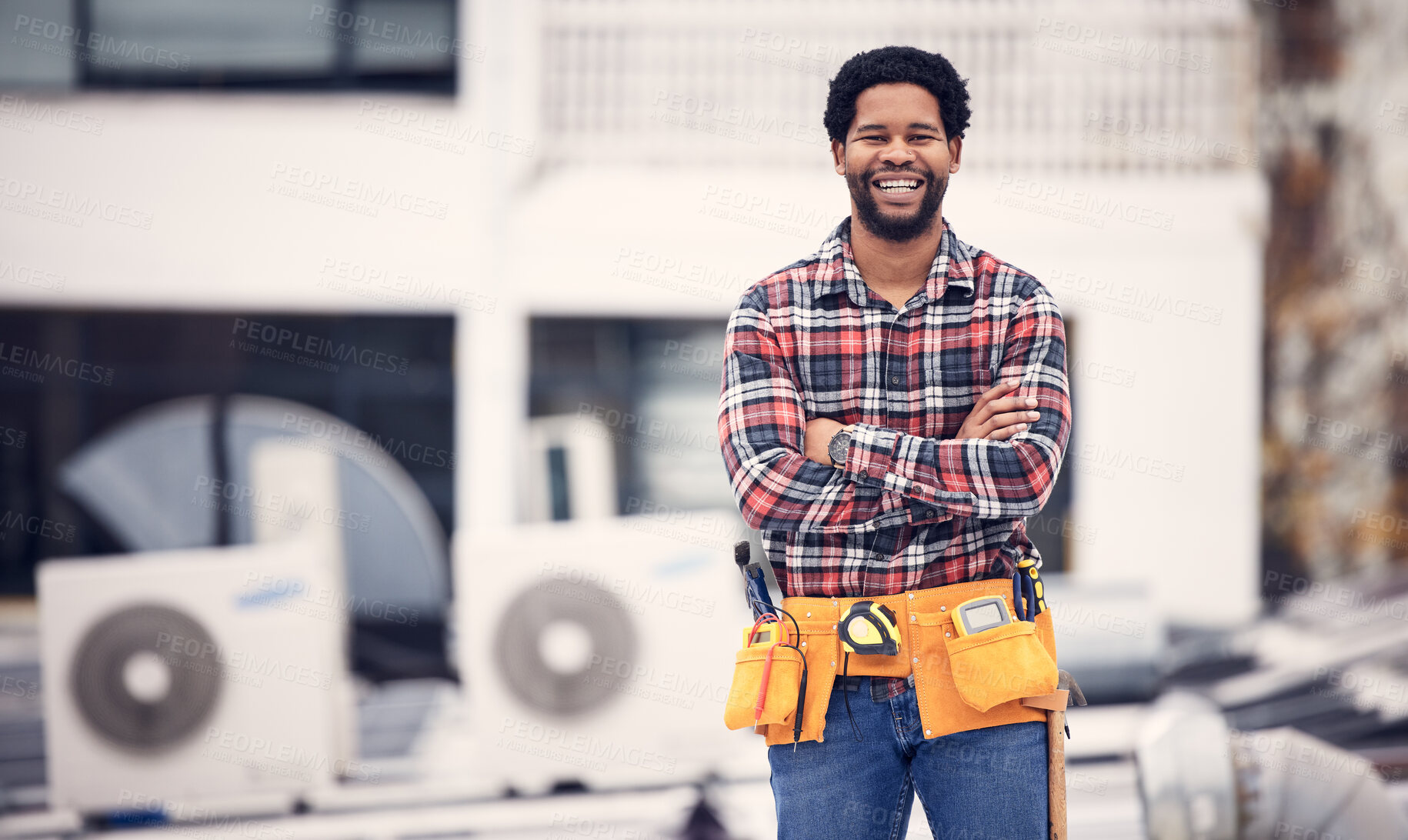 Buy stock photo Engineering, portrait and man arms crossed on roof air conditioning, maintenance and technician ac repair. Happy African person, handyman or electrician contractor for  aircon or electricity service
