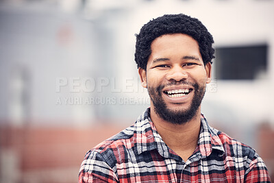 Buy stock photo Happy, smile and portrait of black man in city for holiday, vacation and freedom on weekend outdoors. Travel, happiness and face of male with confidence, positive mindset and excited in urban town