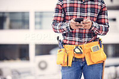 Buy stock photo Phone, worker hands or construction man typing internet, online web search and message maintenance industry contact. Connection, smartphone mockup or urban person, contractor or handyman texting user