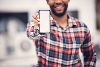 Buy stock photo Mockup phone, hands and happy man with screen copy space, marketing product placement and advertising mobile. Cellphone presentation, brand logo and male with mock up smartphone, online news or info