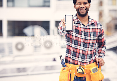 Buy stock photo Mockup phone, maintenance or happy black man with marketing service, advertising screen or mobile notification. Presentation, rooftop handyman promotion or mock up person with smartphone announcement