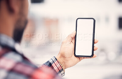 Buy stock photo Mock up screen, phone or man with marketing copy space, digital advertising logo or mobile sales discount. UI app, hands and back of male with mockup cellphone brand, connection or online information