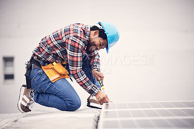 Buy stock photo Solar panel installation, engineer and black man on roof, sustainable or renewable energy mockup. Technician, photovoltaic electricity and happy person in maintenance or inspection with screwdriver.