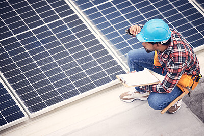 Buy stock photo Solar panel, clipboard and engineering man with inspection, energy saving maintenance and sustainable power check. Contractor person, electrician or technician on checklist for photovoltaic generator