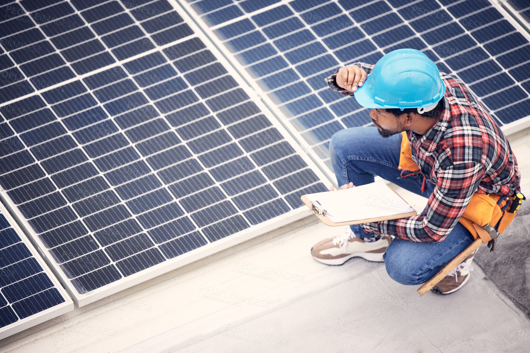 Buy stock photo Solar panel, clipboard and engineering man with inspection, energy saving maintenance and sustainable power check. Contractor person, electrician or technician on checklist for photovoltaic generator