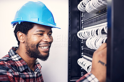 Buy stock photo Electrician, engineering and black man with circuit board for maintenance, inspection and repair. Construction, electricity and happy male worker, handyman and mechanic with system, cable and switch
