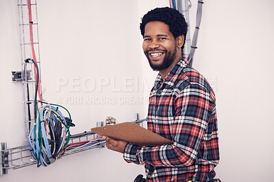 Buy stock photo Cable inspection, portrait and a black man for maintenance, building construction and wires check. Happy, male engineer and analysis of system network, equipment repair and fiber connectivity