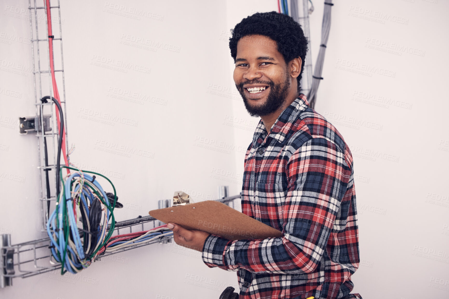 Buy stock photo Cable inspection, portrait and a black man for maintenance, building construction and wires check. Happy, male engineer and analysis of system network, equipment repair and fiber connectivity