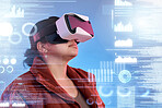 Metaverse, woman or virtual reality glasses with overlay for digital transformation, charts or graphs online. Girl with cool vr headset in holographic cyber 3d technology for big data or future news