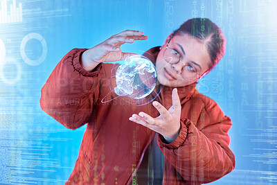 Buy stock photo Earth hologram, global network or hands of girl with future cybersecurity or worldwide networking media. Cloud computing hacker, holographic iot planet or cyber person with globe digital information