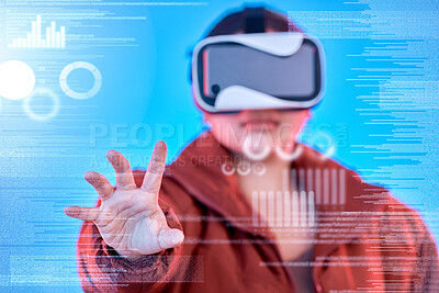 Buy stock photo Metaverse, hand or woman in virtual reality with overlay for digital transformation, charts or graphs online. Girl with vr headset in holographic cyber 3d technology for big data info or future news