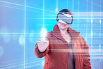 Light, woman or virtual reality glasses with holographic for digital transformation, 3d touch or media online. Girl with vr headset in hologram cybersecurity technology for big data or web future 