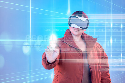 Buy stock photo Light, woman or virtual reality glasses with holographic for digital transformation, 3d touch or media online. Girl with vr headset in hologram cybersecurity technology for big data or web future 