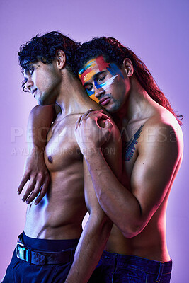 Buy stock photo Friends, men and art model for beauty creativity with body paint as artwork isolated in a purple studio background. Colorful, embracing and creative people for artistic beauty, lgbt and fashion