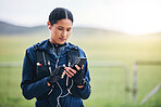 Music, phone and woman in the countryside ready for fitness and exercise with mockup. Sports, training and mobile headphones of a female athlete looking at gps with audio and web radio for workout