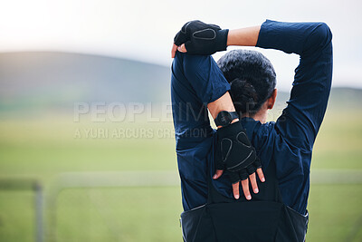 Buy stock photo Sports, workout or female stretching arms for outdoor training in mockup race, marathon or competition. Fitness, health and back of a woman athlete runner doing a warm up exercise for nature running