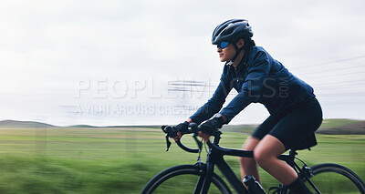 Buy stock photo Bicycle, exercise and woman cyclist ride outdoors for fitness, training and workout for wellness and health. Mockup, bike and female person riding as challenge, travel and cycling for cardio
