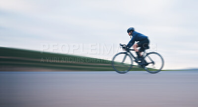 Buy stock photo Motion blur, race and cycling with woman on road for training, competition and championship. Workout, sports and triathlon with female cyclist riding on bike for freedom, exercise and fast with speed