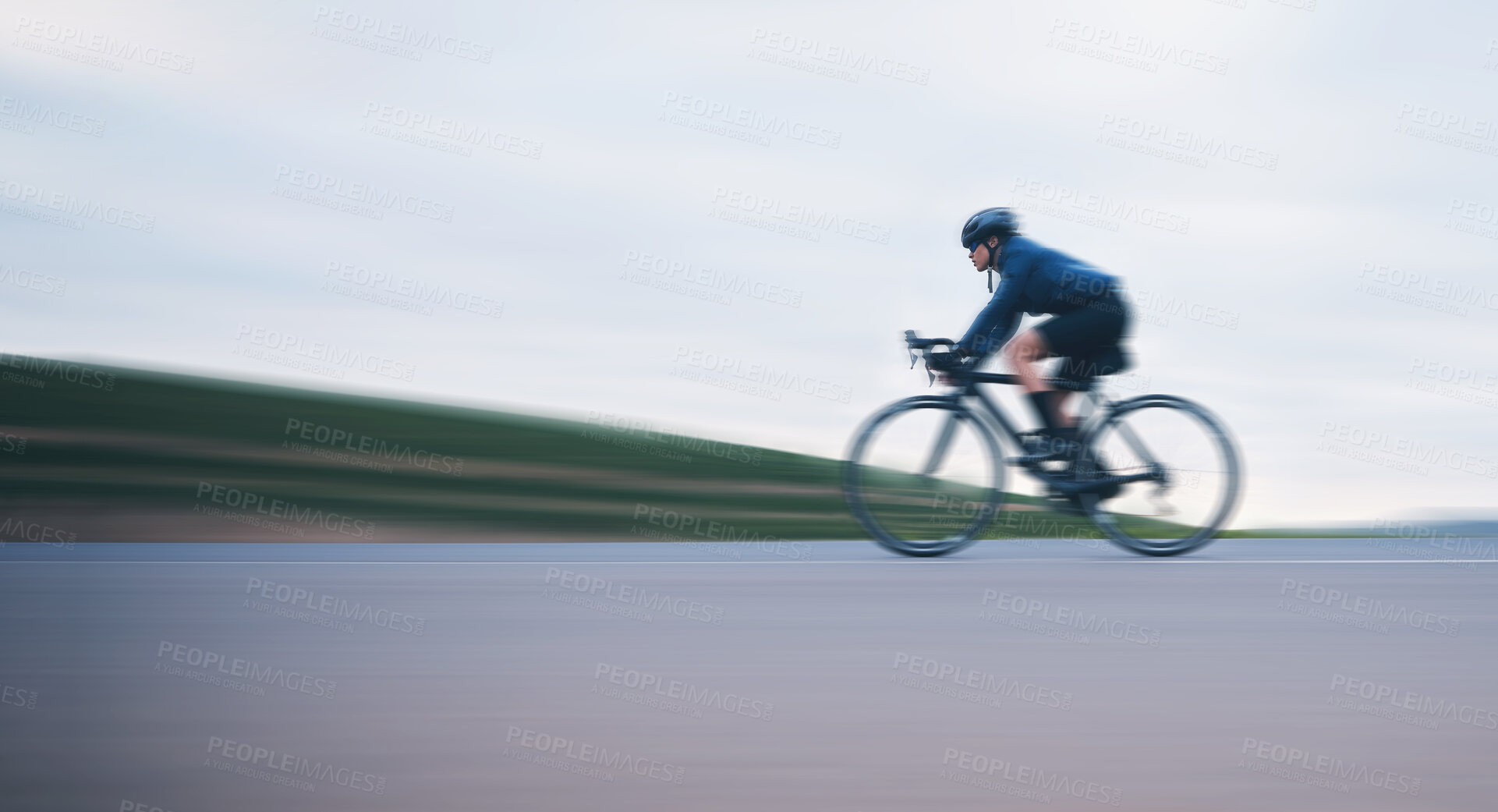 Buy stock photo Motion blur, race and cycling with woman on road for training, competition and championship. Workout, sports and triathlon with female cyclist riding on bike for freedom, exercise and fast with speed