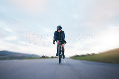 Buy stock photo Fast, race and cycling with woman in road for training, competition and championship. Workout, sports and triathlon with female cyclist riding on bike for freedom, exercise and speed with motion blur