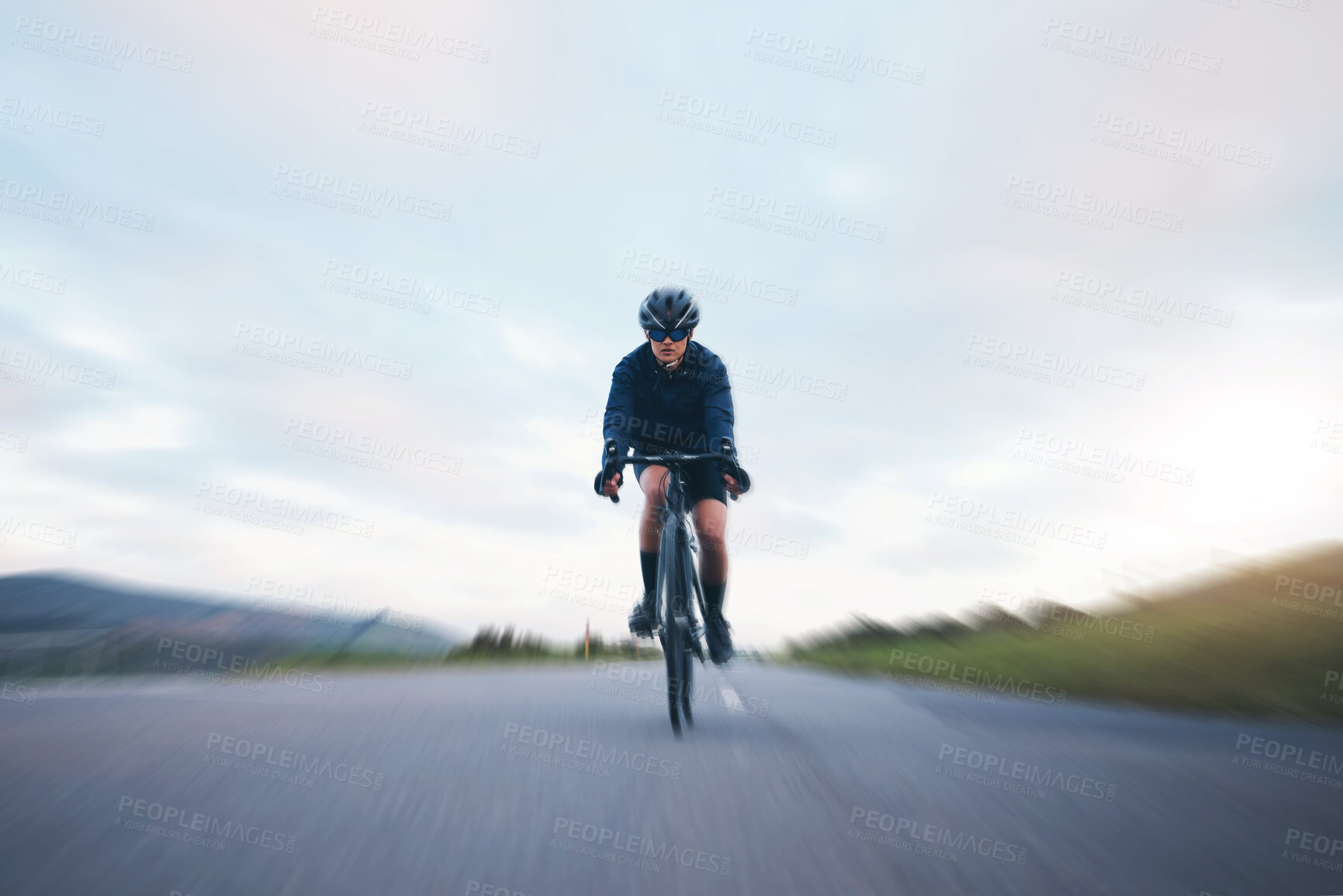 Buy stock photo Fast, race and cycling with woman in road for training, competition and championship. Workout, sports and triathlon with female cyclist riding on bike for freedom, exercise and speed with motion blur