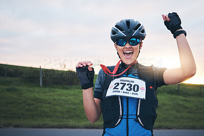 Buy stock photo Celebrate, sport and portrait of happy woman with medal for winning outdoor cycling race or triathlon. Happiness, win and cyclist with smile, fitness and excited celebration for gold winner at sunset