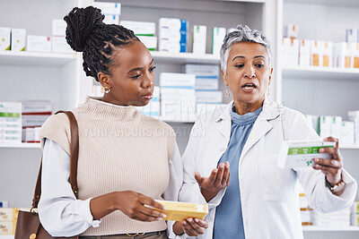 Buy stock photo Doctor, consulting and patient for healthcare drugs, medication or prescription for diagnosis, cure or illness at the pharmacy. Woman medical pharmacist talking to customer about pills at the clinic