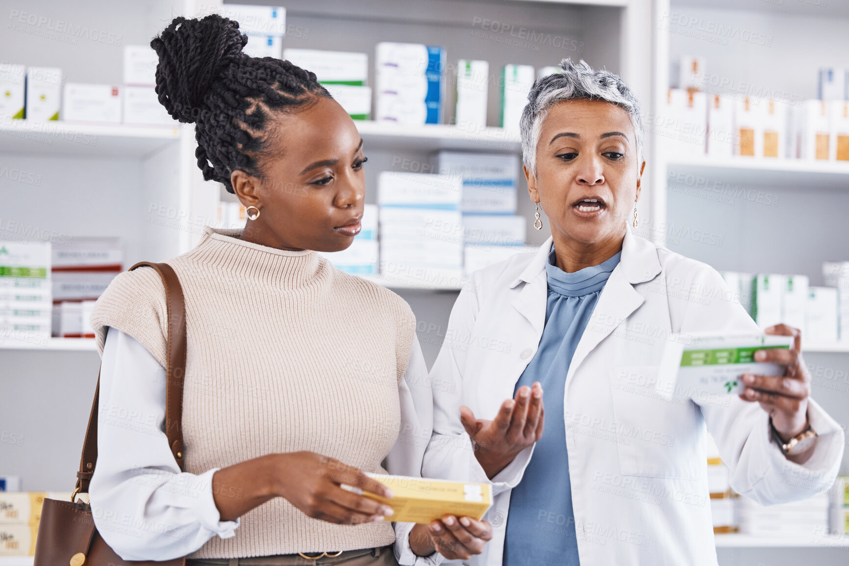 Buy stock photo Doctor, consulting and patient for healthcare drugs, medication or prescription for diagnosis, cure or illness at the pharmacy. Woman medical pharmacist talking to customer about pills at the clinic