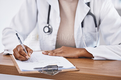Buy stock photo Doctor, hands and clipboard with pharmacy checklist and insurance agreement document. Contract, clinic support and healthcare worker with writing and paperwork for report and wellness application