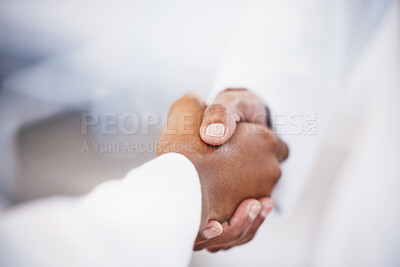 Buy stock photo Doctor, handshake and meeting in thank you for agreement, deal or healthcare at hospital. Medical professional shaking hands with patient for healthy wellness, consultation or partnership at clinic