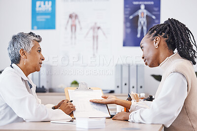 Buy stock photo Consulting, results and doctor with black woman in office for medical, checklist and appointment. Interview, healthcare and medicine with patient and expert in hospital for exam, discussion or advice