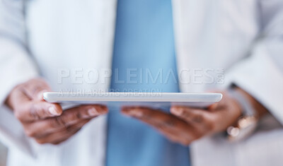 Buy stock photo Doctor, hands and tablet for healthcare research, Telehealth or communication at the hospital. Hand of medical professional in data analysis, health or life insurance holding technology at the clinic