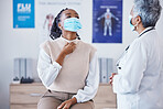 Consultation, doctor and patient with face mask, throat pain and covid healthcare advice at clinic. Black woman consulting medical professional, health care check and faq, info and help at hospital.