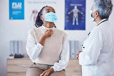 Buy stock photo Consultation, doctor and patient with face mask, throat pain and covid healthcare advice at clinic. Black woman consulting medical professional, health care check and faq, info and help at hospital.