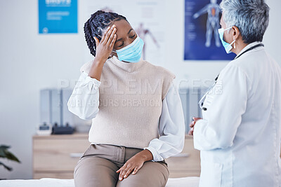 Buy stock photo Consultation, doctor and patient with face mask, headache and covid healthcare advice at clinic. Black woman consulting medical professional, health care check and faq, pain info and help at hospital