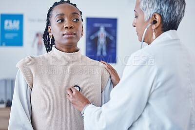 Buy stock photo Doctor, black woman and stethoscope on chest, breathe and test for lung healthcare and advice at clinic. Patient consulting medical professional, health care check and cardiovascular help at hospital