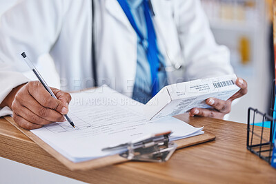 Buy stock photo Doctor, hands and clipboard with pill information and insurance agreement document. Hospital, clinic and healthcare worker with medication writing and paperwork for report and research application