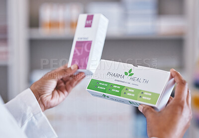 Buy stock photo Doctor, hands and pharmacy drugs for healthcare prescription, diagnosis or cure for illness or pain. Hand of medical professional or pharmacist with medicine, pills or medication for health insurance