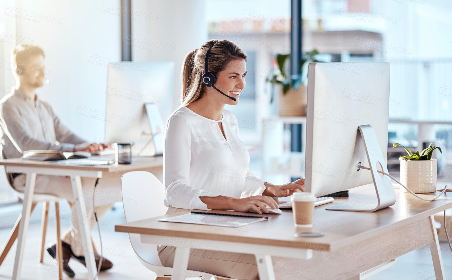 Buy stock photo Call center, computer and consulting with woman in office for customer service, technical support and advice. Technology, contact us and communication with happy employee operator in help desk agency