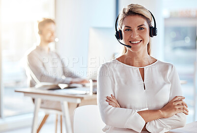 Buy stock photo Portrait, customer support and smile with a woman consultant working in her office for after sales service. Call center, contact us and crm with a young female employee consulting using a headset