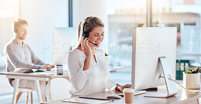 Buy stock photo Call center, computer and listening with woman in office for customer service, technical support and advice. Technology, contact us and communication with employee operator in help desk agency