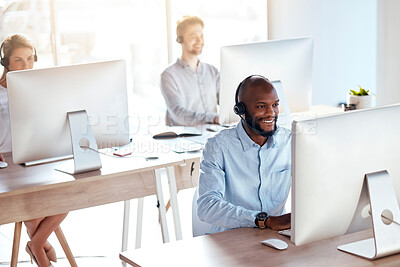 Buy stock photo Call center, computer and consulting with black man in office for customer service, technical support and advice. Technology, contact us and communication with employee operator in help desk agency