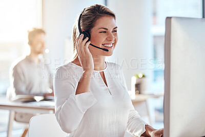 Buy stock photo Call center, computer and friendly with woman in office for customer service, technical support and advice. Technology, contact us and communication with employee operator in help desk agency