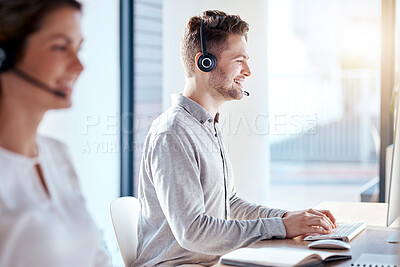 Buy stock photo Call center, computer and consulting with man in office for customer service, technical support and advice. Technology, contact us and communication with employee operator in help desk agency