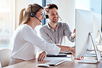 Computer, collaboration and customer service with a consultant team working in a call center for support. Teamwork, crm or contact us with a man and woman employee at work in a consulting office
