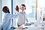 Call center team, men high five and computer with support and success, people make telemarketing sale and collaboration. Contact us, CRM and coworking with communication, teamwork and celebrate